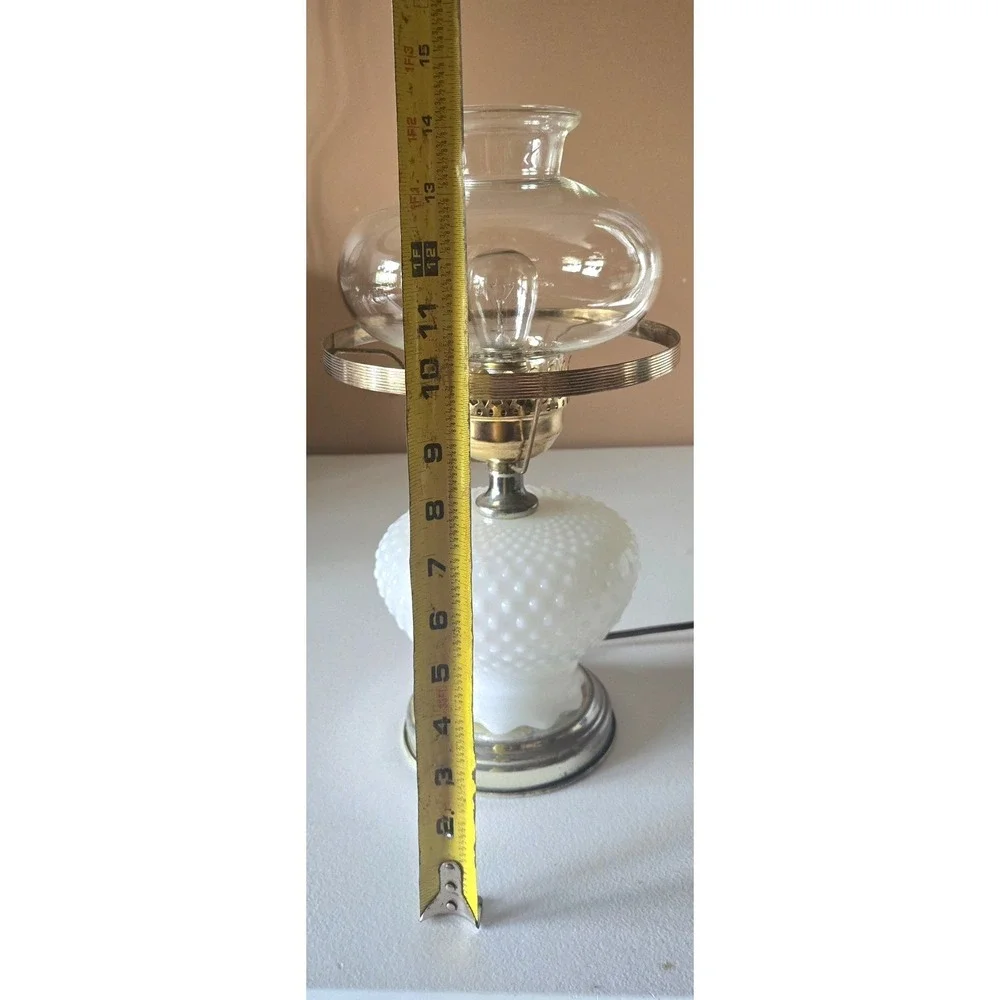 Vintage Hobnail Milk Glass Electric Hurricane Lamp White Glass Brass Accent